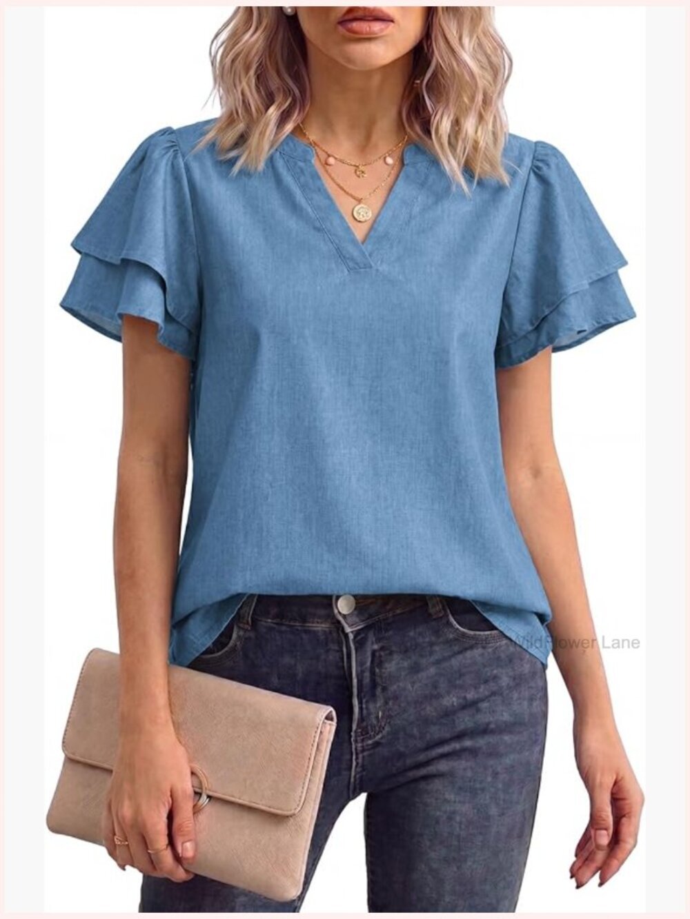 V Neck Ruffle Sleeve Denim Shirt Blouse Women Casual Office Top